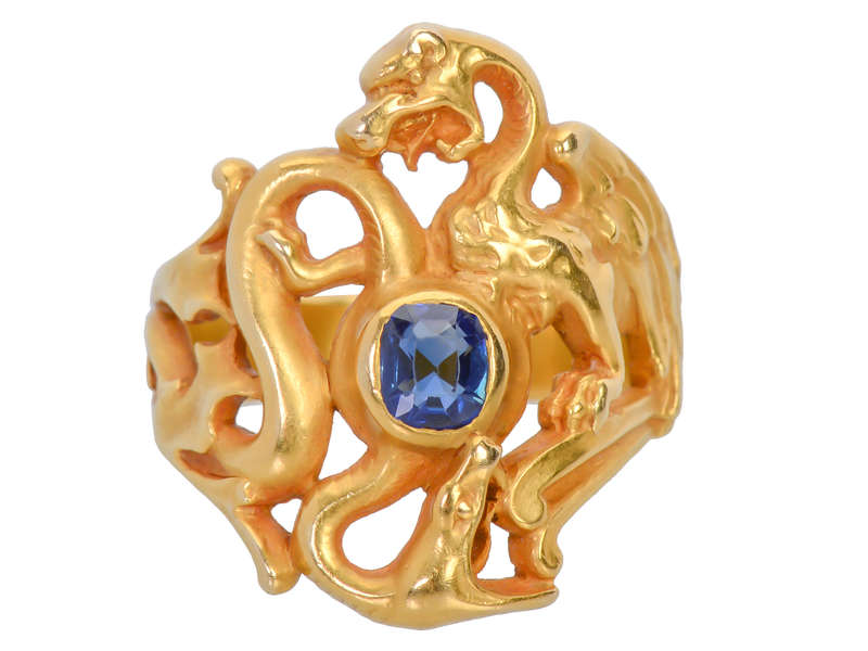 Rare Art Nouveau Sapphire Dragon & Snake Ring