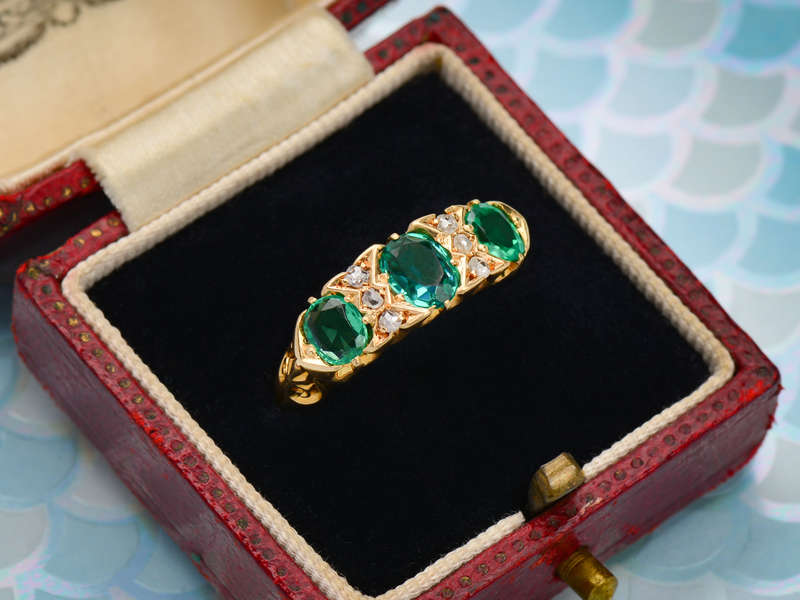 Emerald Diamond Antique Trilogy Ring from 1906