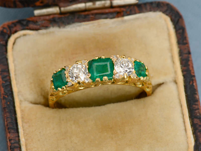 Antique Emerald Diamond Five Stone Ring