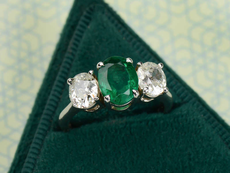 Emerald & Antique Diamond Three Stone Ring