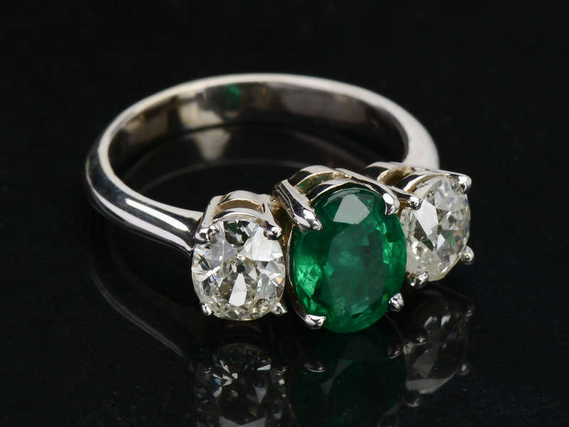 Emerald & Antique Diamond Three Stone Ring