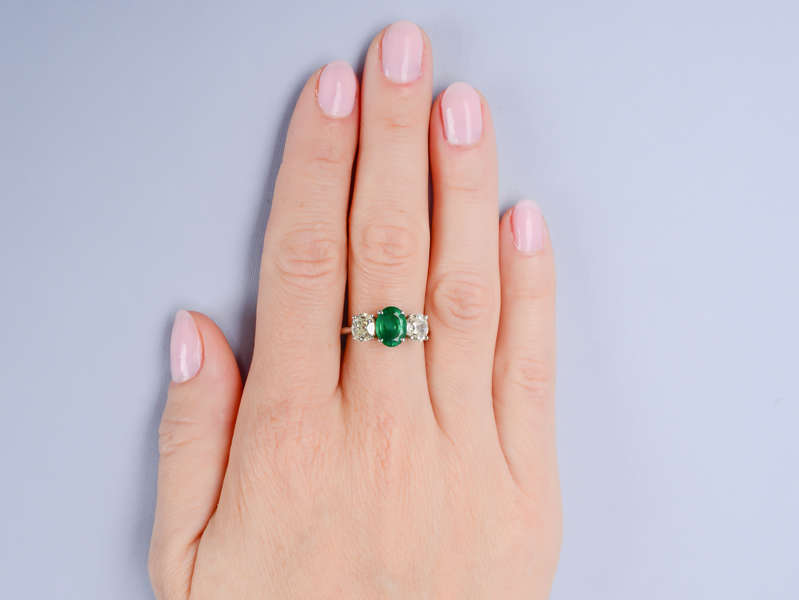 Emerald & Antique Diamond Three Stone Ring