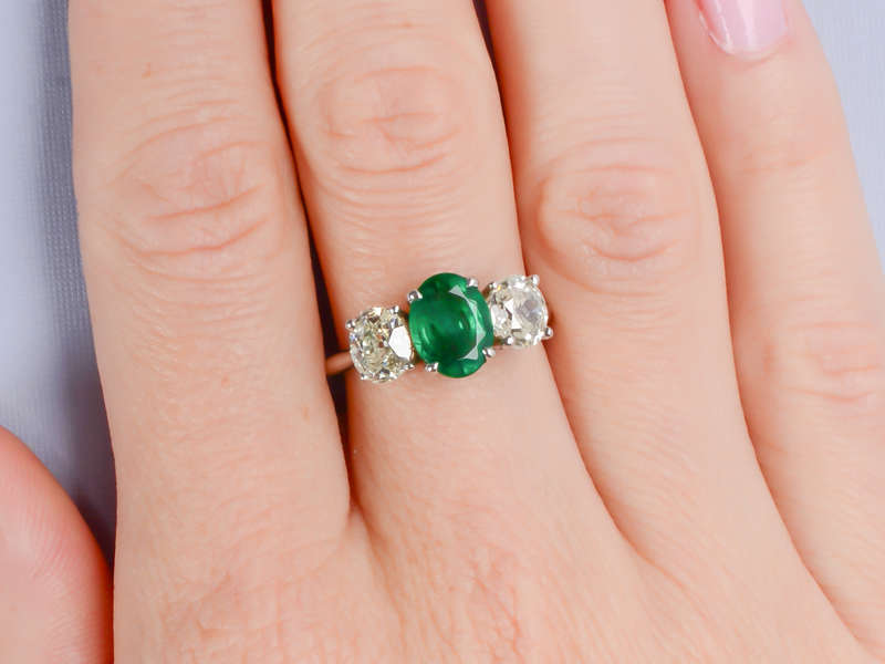 Emerald & Antique Diamond Three Stone Ring