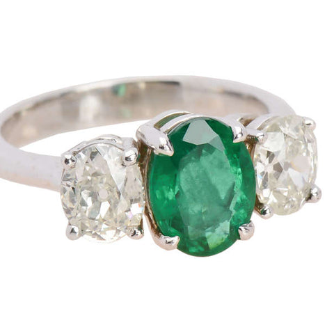 Emerald & Antique Diamond Three Stone Ring