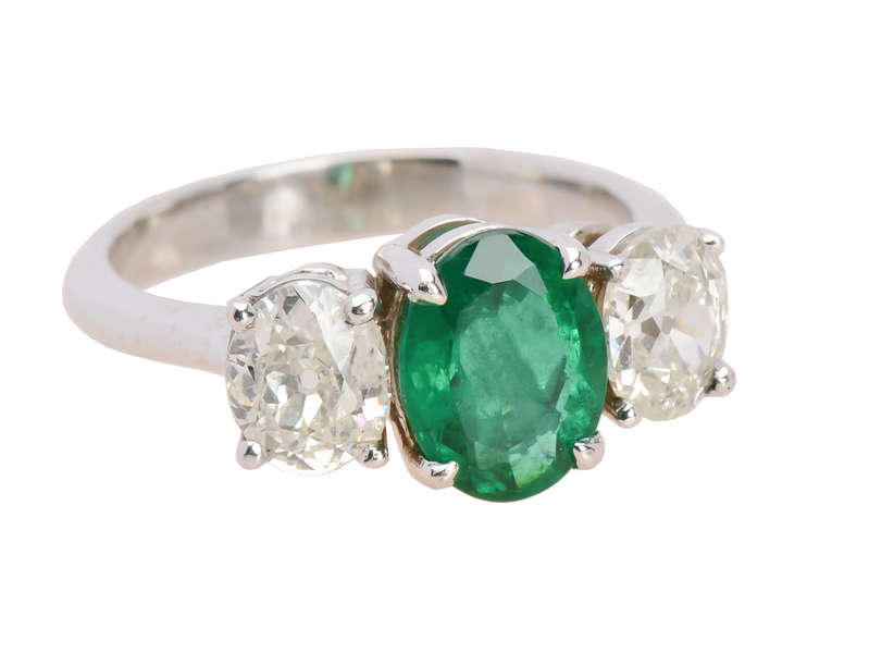 Emerald & Antique Diamond Three Stone Ring