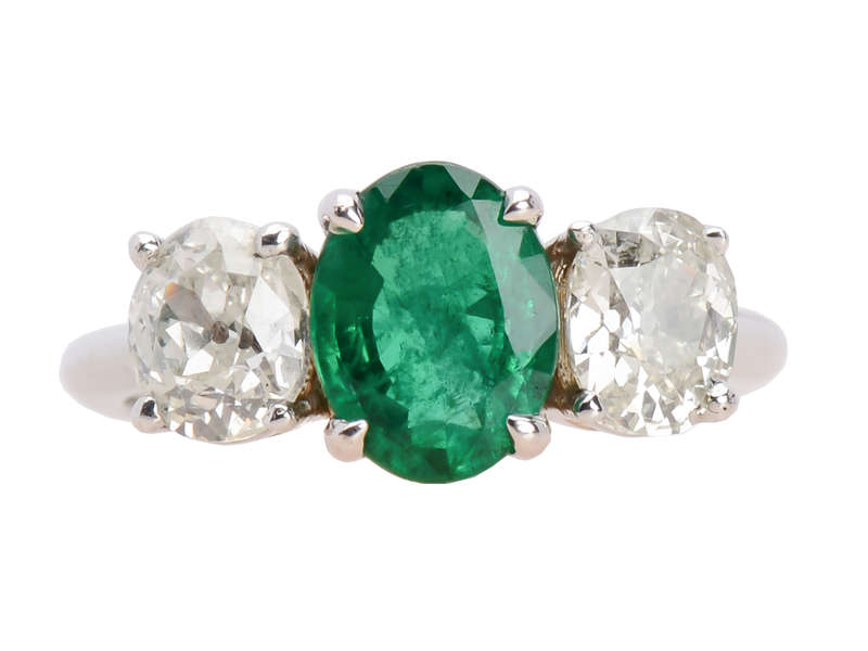 Emerald & Antique Diamond Three Stone Ring