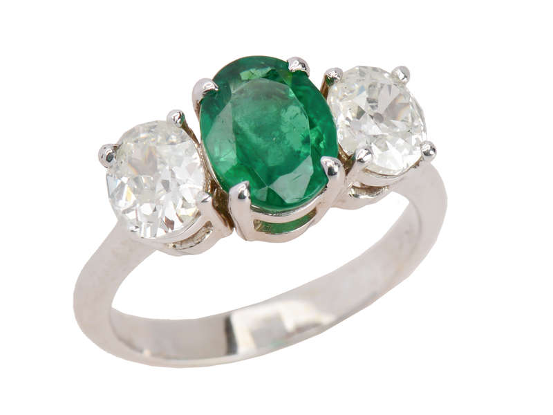 Emerald & Antique Diamond Three Stone Ring