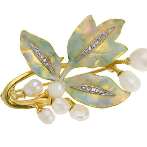 Art Nouveau Enameled Leaf Brooch