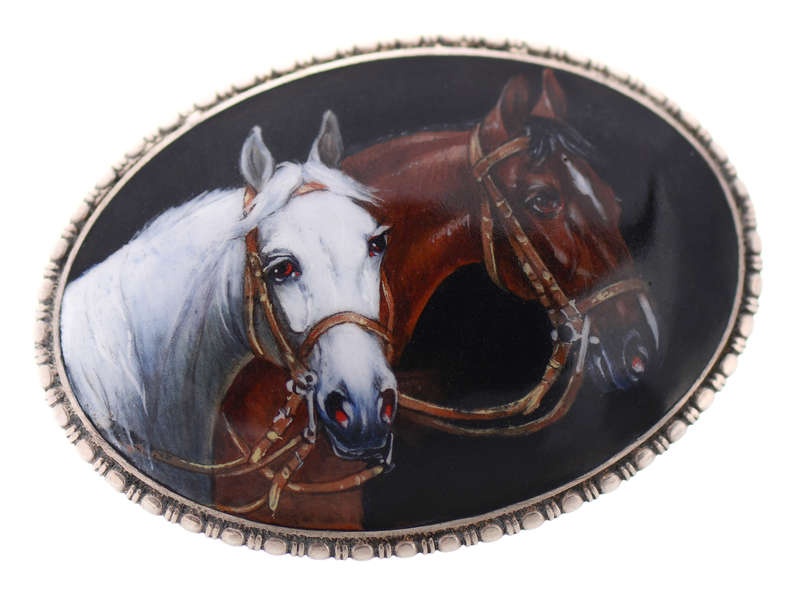 Realism - Two Horse Equine Enamel Portrait Brooch