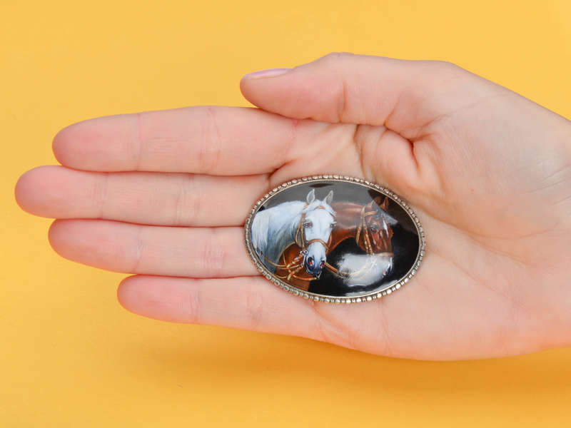 Realism - Two Horse Equine Enamel Portrait Brooch