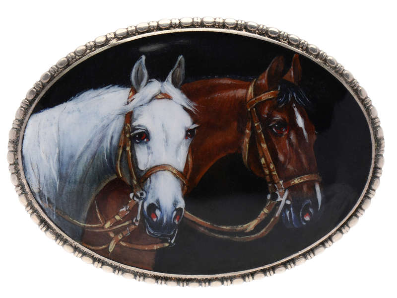 Realism - Two Horse Equine Enamel Portrait Brooch