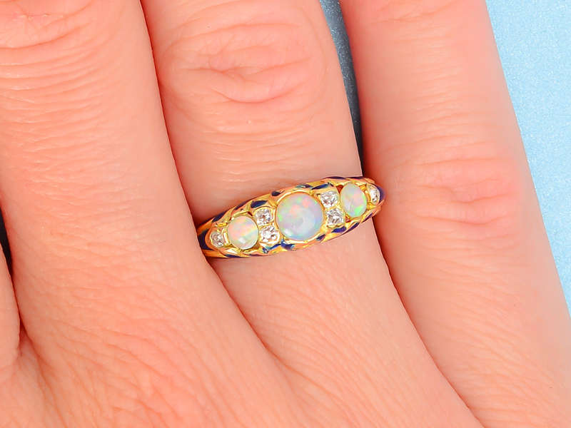 Victorian Opal Blue Enamel Antique Trilogy Ring