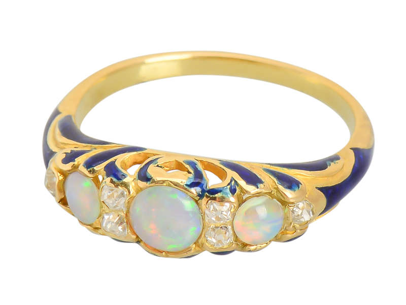 Victorian Opal Blue Enamel Antique Trilogy Ring