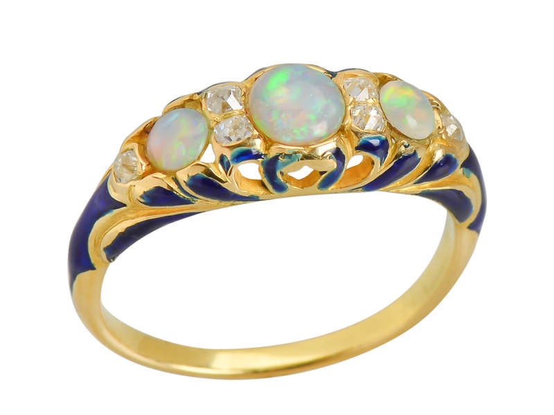 Victorian Opal Blue Enamel Antique Trilogy Ring