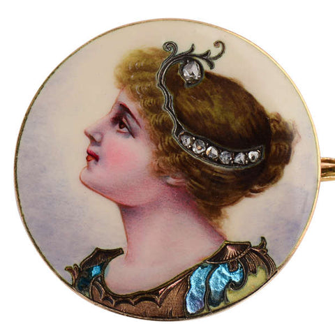 Victorian Enamel Diamond Brooch of a Woman