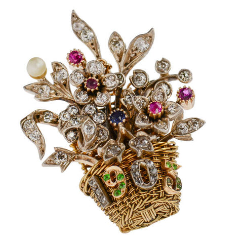 Dated 1903 Flower Basket Diamond Gem Brooch
