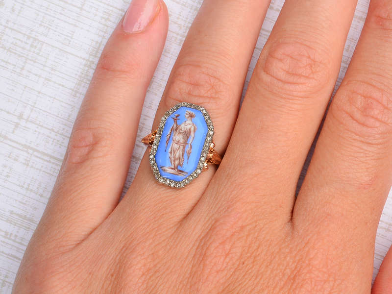 19th C. French Enamel Rose Cut Diamond Ring