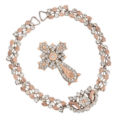 French Paste Rose Gold & Silver Collar & Cross c. 1840