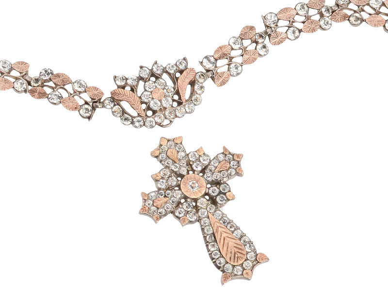 
                      
                        French Paste Rose Gold & Silver Collar & Cross c. 1840
                      
                    