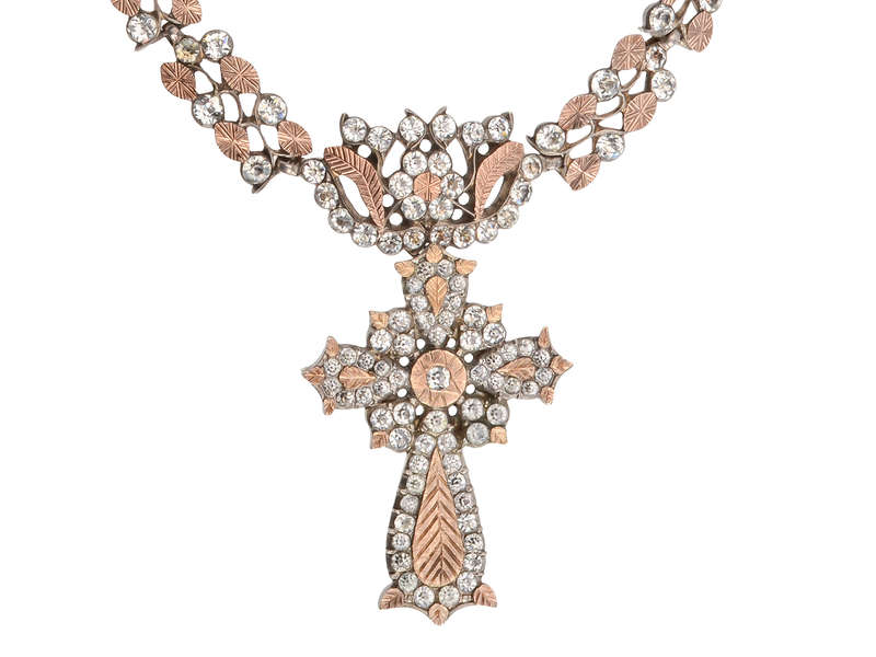 
                      
                        French Paste Rose Gold & Silver Collar & Cross c. 1840
                      
                    
