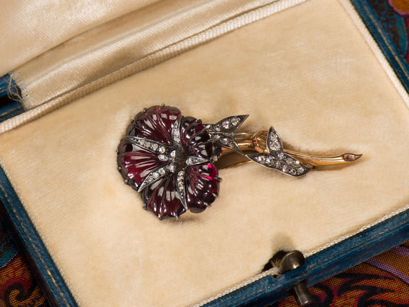 Frozen in Time - Antique Garnet Diamond Flower Brooch