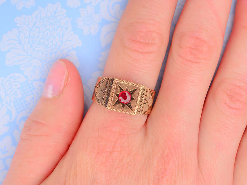 Wide Victorian Gypsy Set Garnet Ring