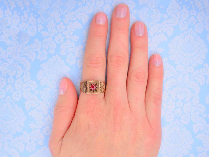 Wide Victorian Gypsy Set Garnet Ring