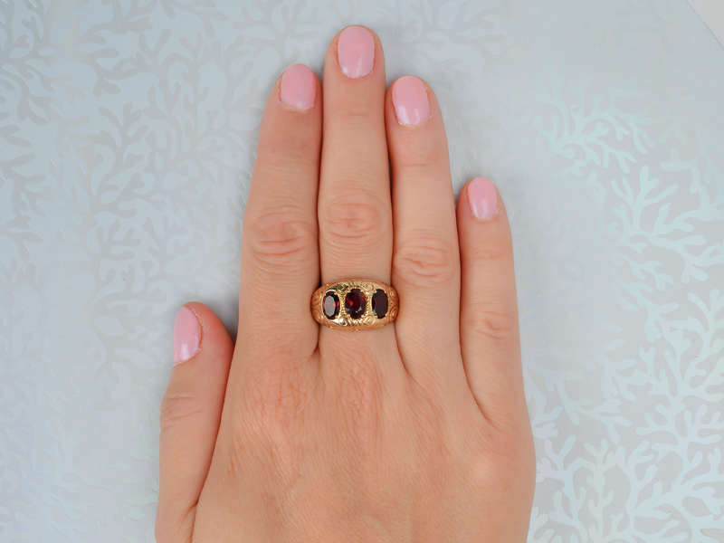 Three Garnet Unisex Rose Gold Antique Ring