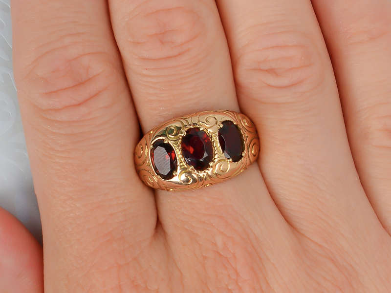 Three Garnet Unisex Rose Gold Antique Ring