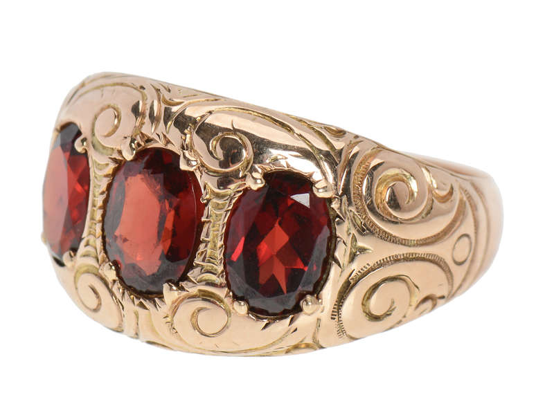 Three Garnet Unisex Rose Gold Antique Ring