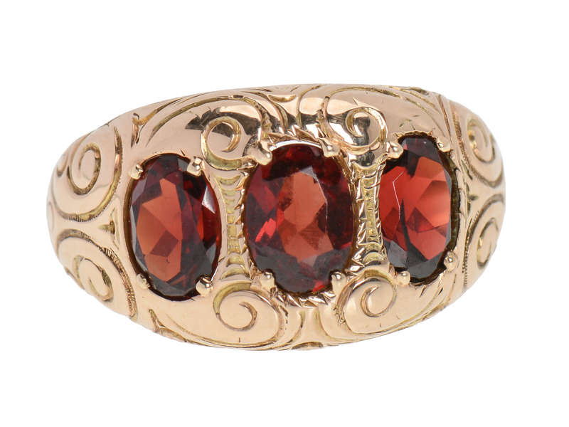 Three Garnet Unisex Rose Gold Antique Ring