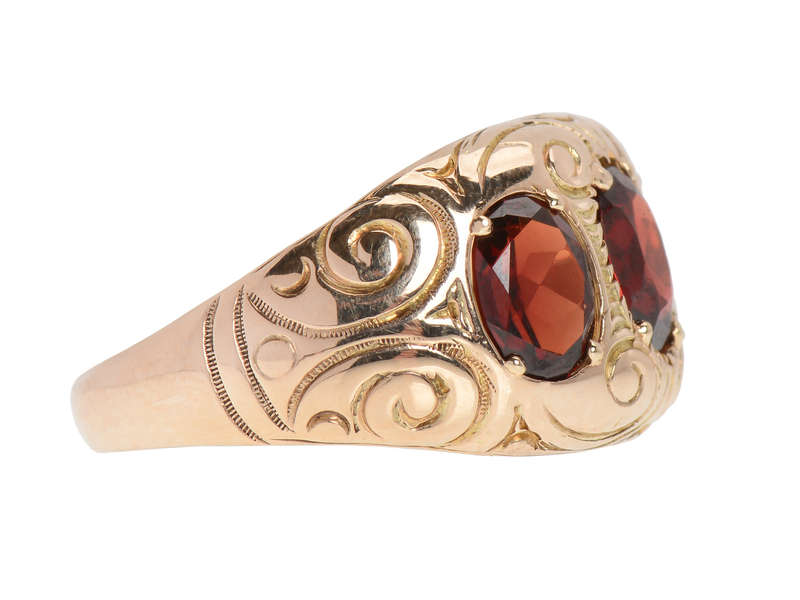 Three Garnet Unisex Rose Gold Antique Ring