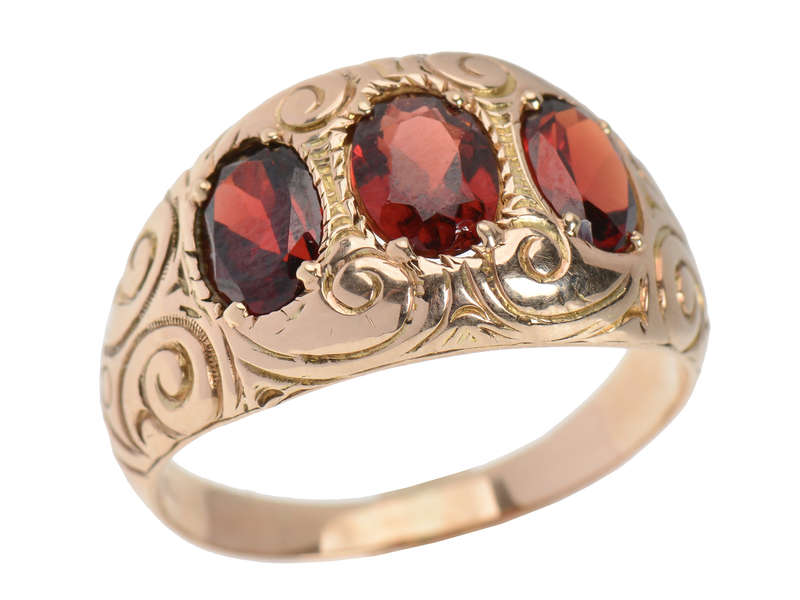Three Garnet Unisex Rose Gold Antique Ring