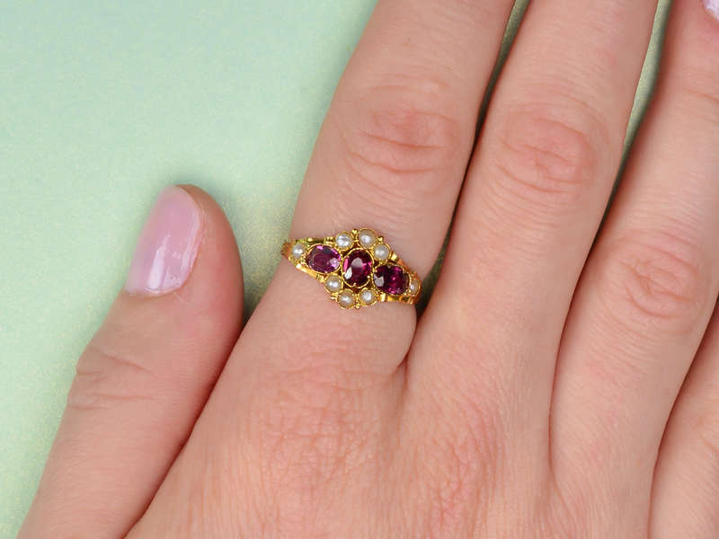 Victorian Garnet Natural Pearl Ring of 1872