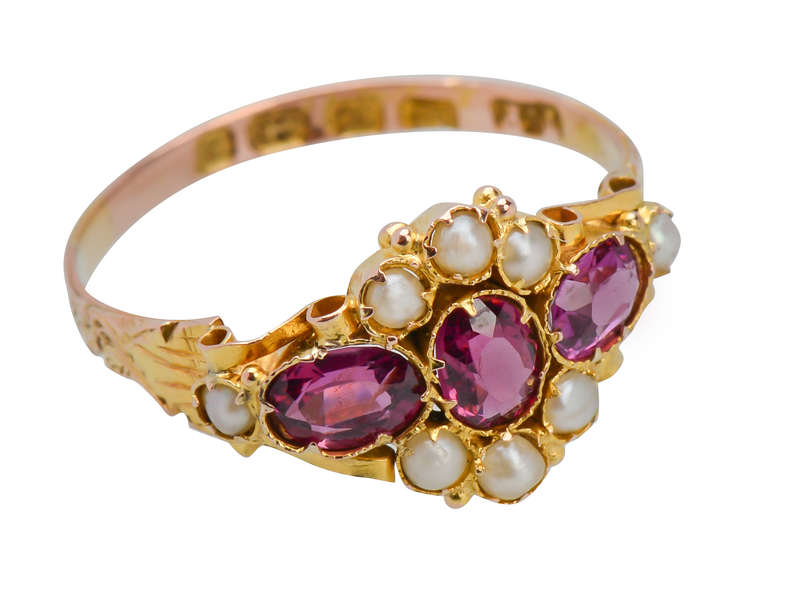 Victorian Garnet Natural Pearl Ring of 1872