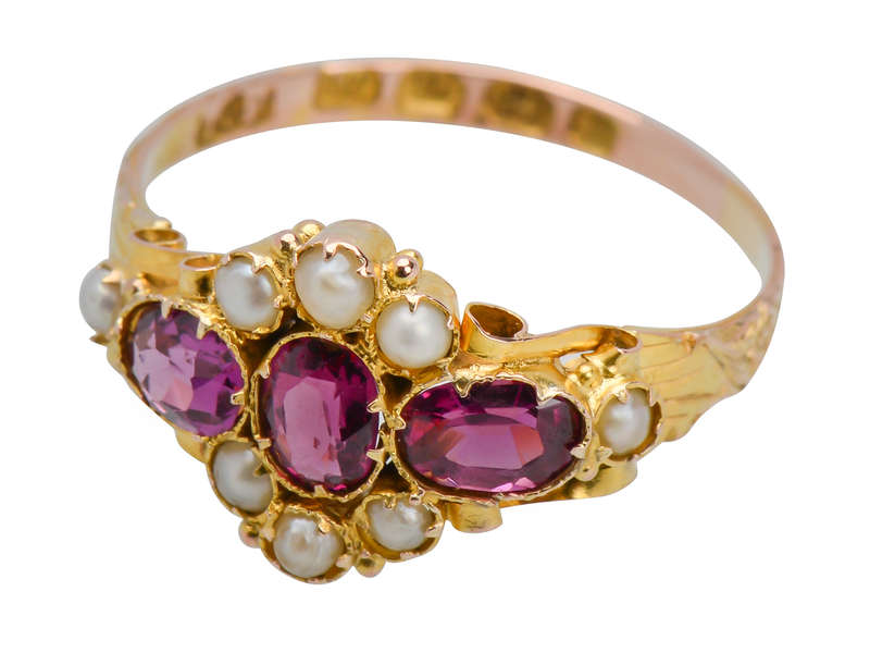 Victorian Garnet Natural Pearl Ring of 1872