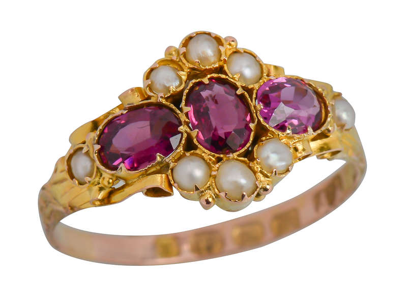 Victorian Garnet Natural Pearl Ring of 1872