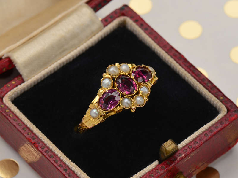Victorian Garnet Natural Pearl Ring of 1872