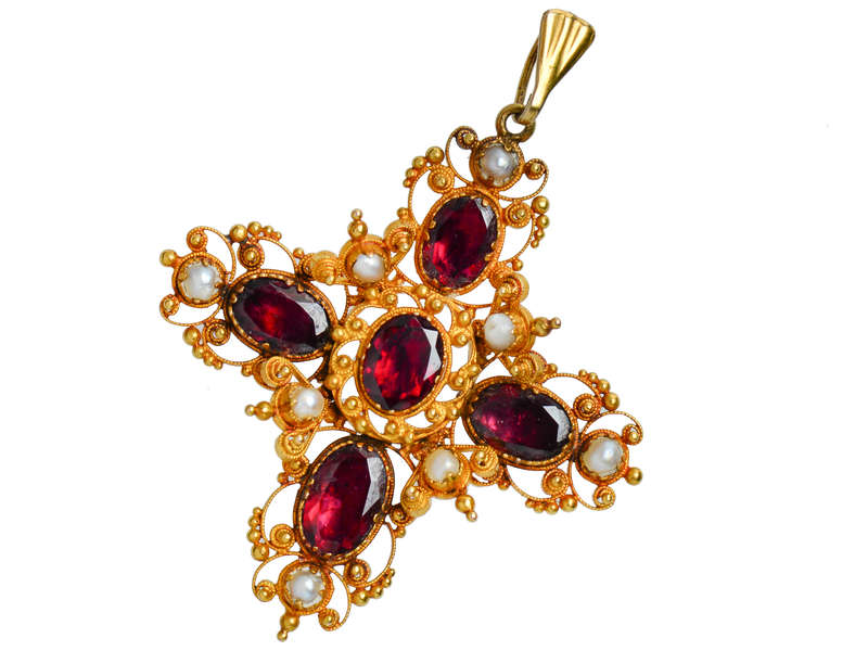 Georgian Garnet Pearl Gold Pendant
