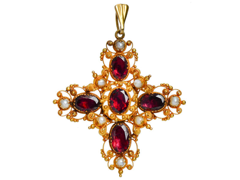 Georgian Garnet Pearl Gold Pendant