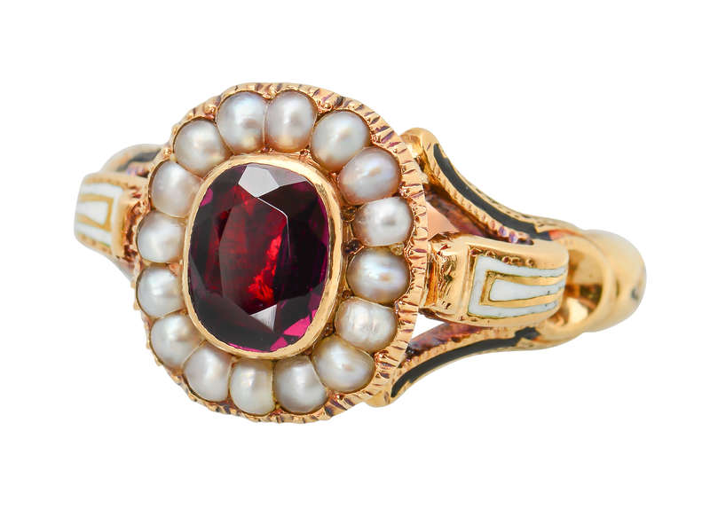 Victorian Enamel Rhodolite Garnet Pearl Ring