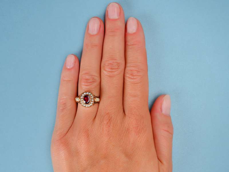 Victorian Enamel Rhodolite Garnet Pearl Ring