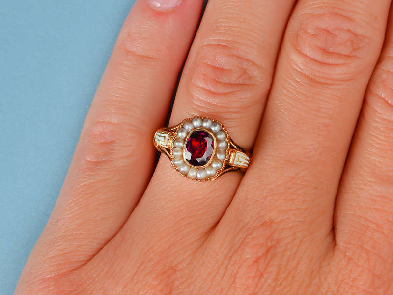 Victorian Enamel Rhodolite Garnet Pearl Ring
