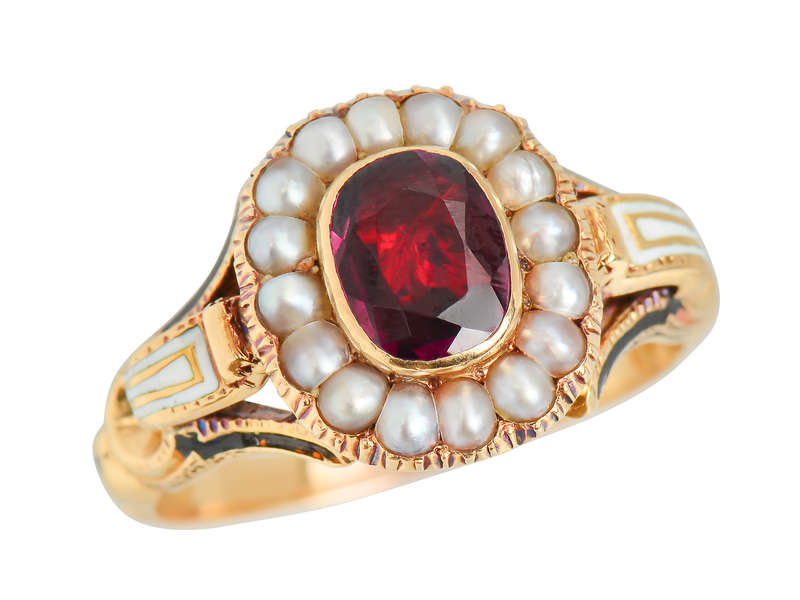 Victorian Enamel Rhodolite Garnet Pearl Ring