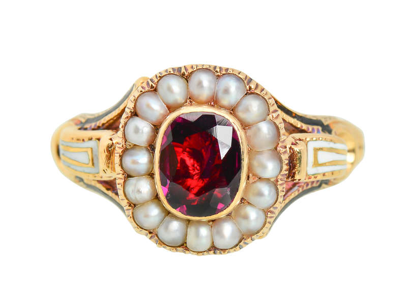 Victorian Enamel Rhodolite Garnet Pearl Ring