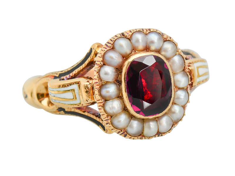 Victorian Enamel Rhodolite Garnet Pearl Ring