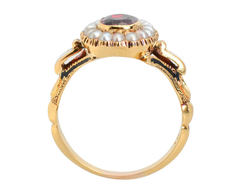 Victorian Enamel Rhodolite Garnet Pearl Ring