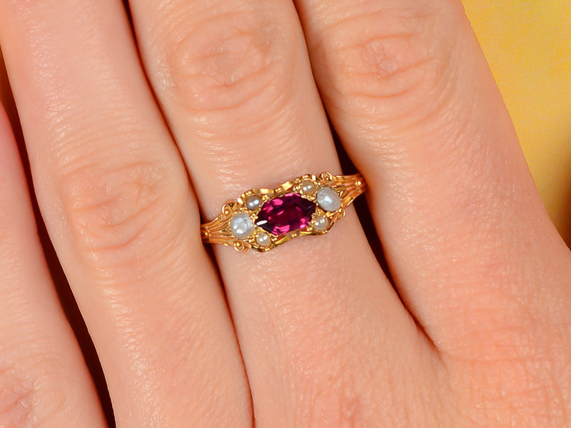 English Almandine Garnet Pearl Ring of 1868