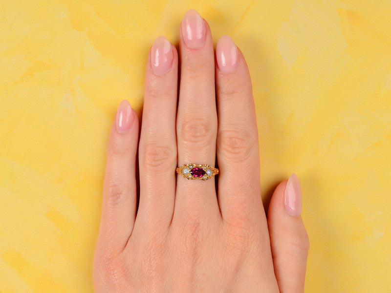 English Almandine Garnet Pearl Ring of 1868
