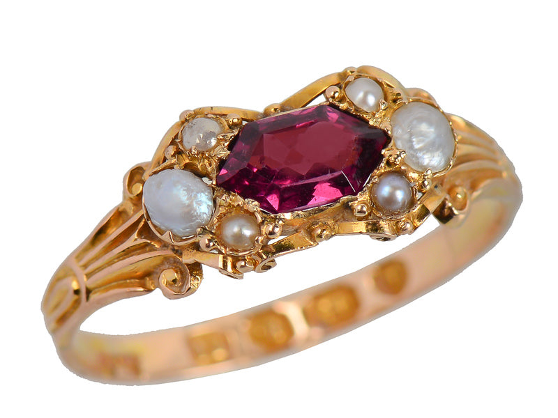 English Almandine Garnet Pearl Ring of 1868